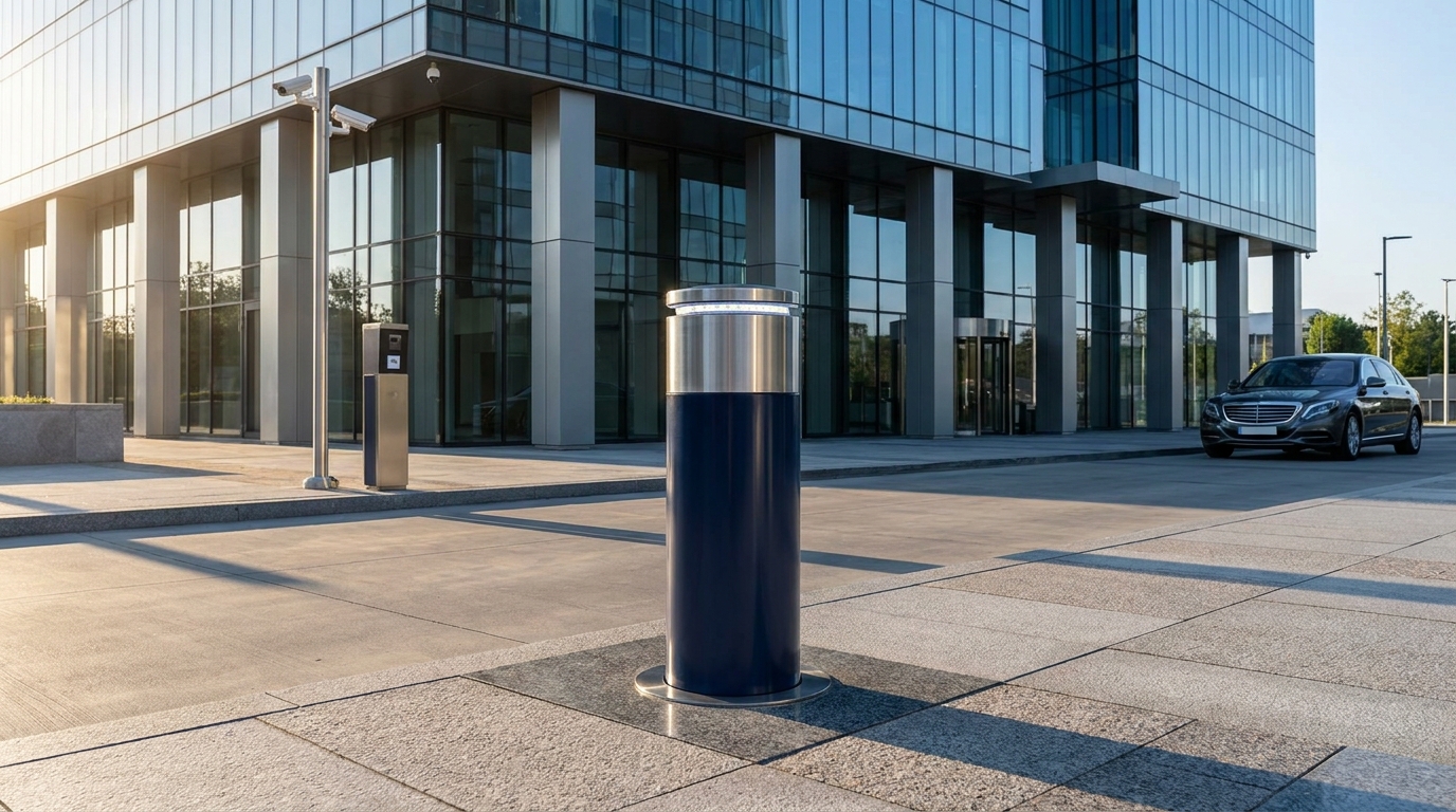 Automatic rising bollards at a secured entrance