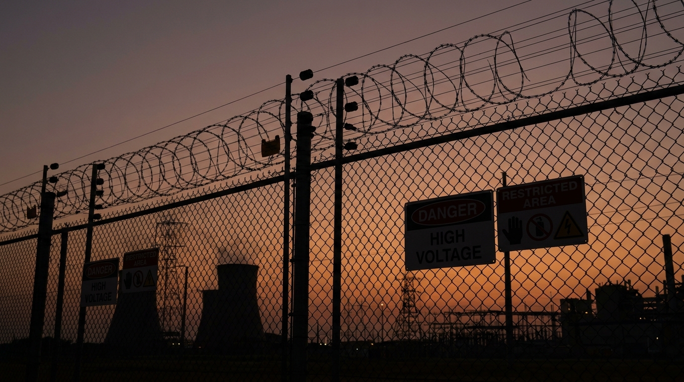 Electrified perimeter fence securing a facility boundary
