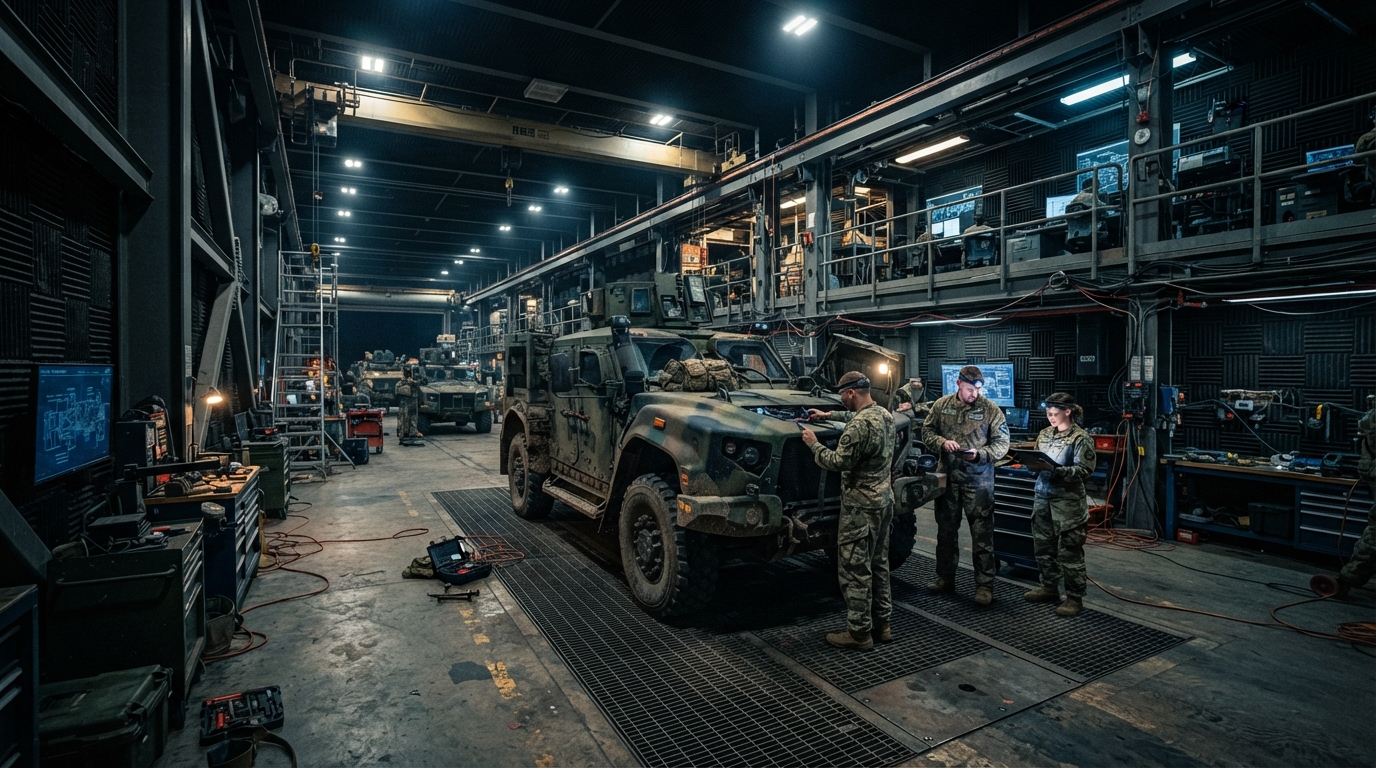 Soundproofed military vehicle maintenance bay