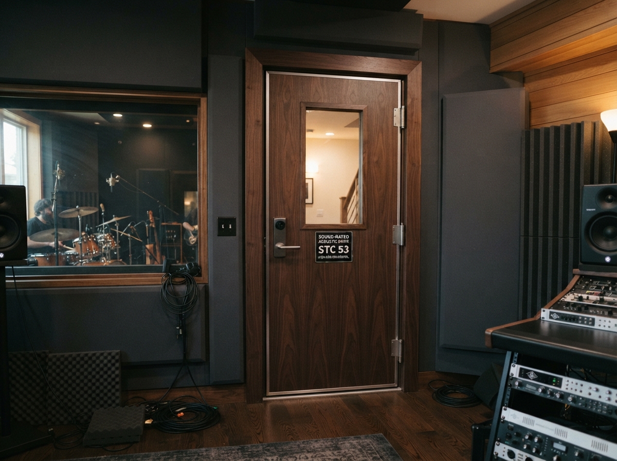 Sound-rated acoustic door for a testing area